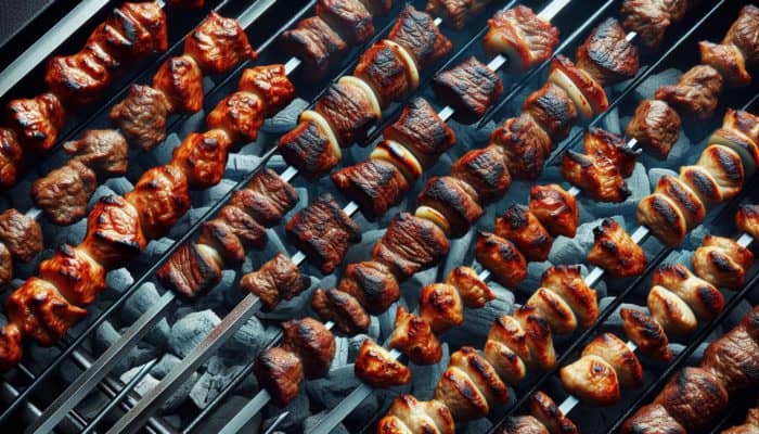 Sizzling kebabs on a grill, charred exterior, juicy inside, meat thermometer showing 58°C for beef, 75°C for chicken.