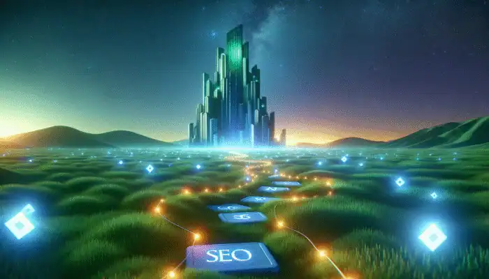 A trail of glowing breadcrumbs leading to a towering SEO graph, symbolising strategic SEO implementation.