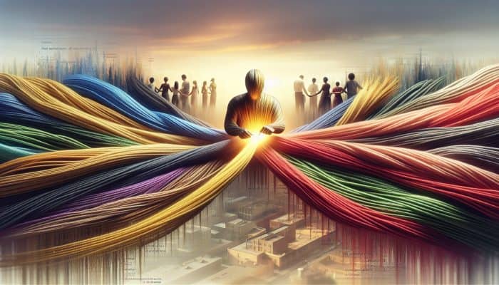 Printable Debt Consolidation Planning Worksheets | DCL Person consolidating debts into one loan, symbolised by merging colourful threads into a golden thread, with financial charts.