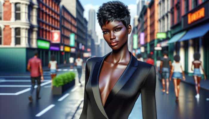 Woman with a stylish, tousled pixie cut, radiating confidence in an urban setting.