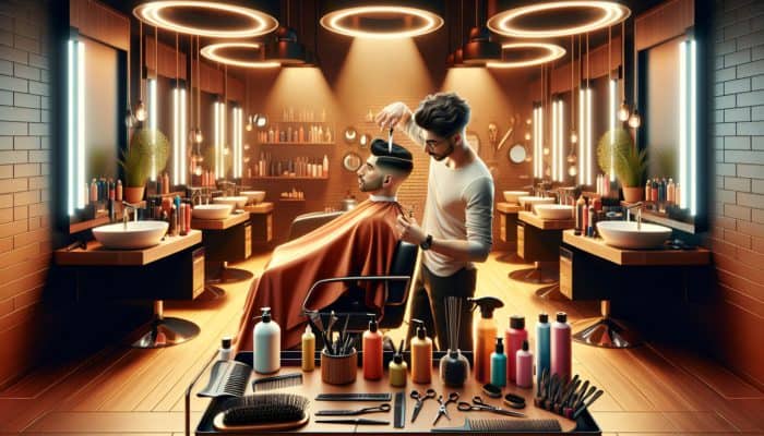 A hairstylist expertly trimming and styling short hair in a modern salon equipped with essential hair care products.