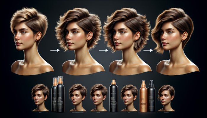 Woman showcasing three different styles for short hair: voluminous, sleek, and tousled, achieved using various products.
