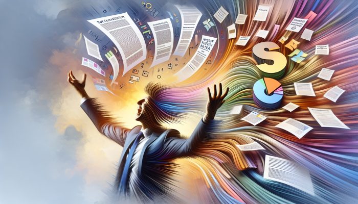 A person expressing relief and joy amidst symbols of debt consolidation: merged documents, lower interest rates, and a pathway to financial freedom.