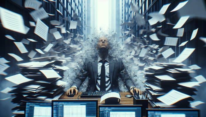 Relieving Burnout with Acupuncture: A weary professional in a bustling UK city, surrounded by paperwork and screens, showing signs of burnout.