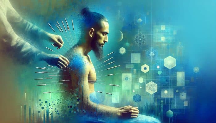 A serene person receiving acupuncture, surrounded by calming colors, symbolizing recovery from burnout.