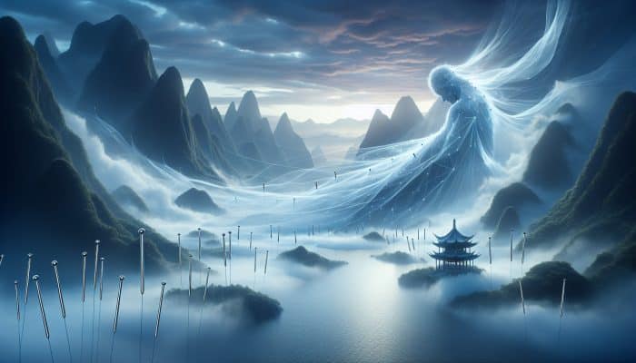 Ethereal scene of Qi flow disrupted by stress, with acupuncture needles restoring balance over a serene Chinese landscape.