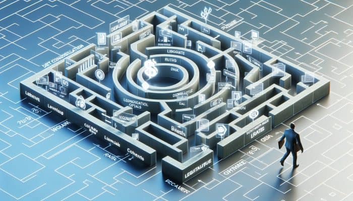 How to Avoid Scams as a Debt Consolidation Beginner: Essential Tips | DCL A person navigating a maze of financial paths, with highlighted safe routes symbolising debt consolidation loans.