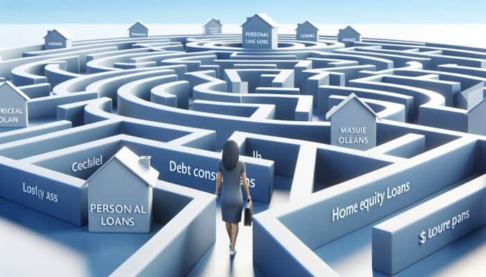 Debt Consolidation Loan Success Timelines: A Guide | DCL Debt Consolidation Loan Success Timelines: Person navigating maze of debt consolidation loans in UK, labeled paths under clear sky.