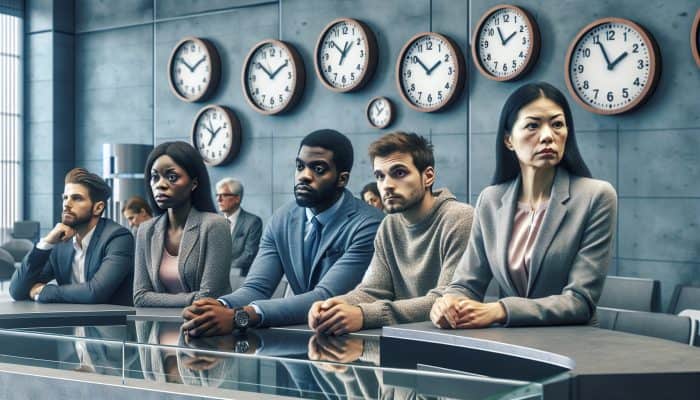 Debt Consolidation Loan Success Timelines: A Guide | DCL Diverse group in bank lobby, clocks showing different times, symbolizing varied loan approval and funding timelines in the UK.