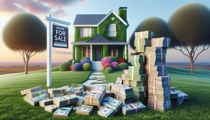Free Debt Consolidation Loan Guides: A Comprehensive Overview | DCL A serene home with a 'For Sale' sign and a stack of bills under a clear sky, symbolising home equity and debt consolidation.