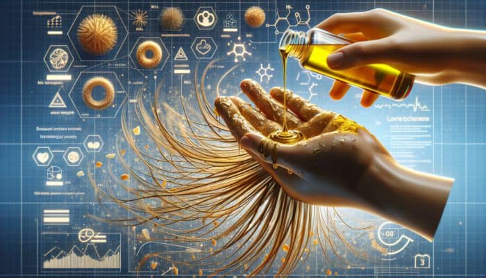 A hand applying coconut oil to dry hair, showcasing deep moisture and hydration.