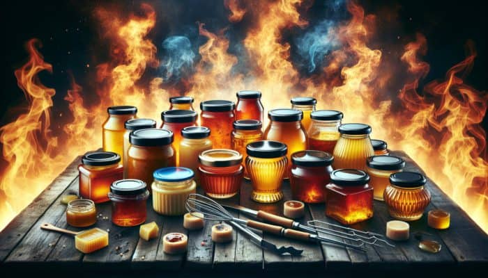 Jars of different ghee brands on a rustic table, surrounded by BBQ flames and grilling tools.