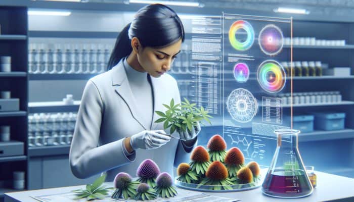 A scientist examines fresh echinacea herbs in a lab, comparing their scent and color to lab analysis results for quality assurance.