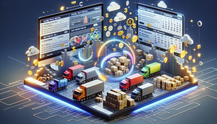 Digital interface showcasing cost-effective truck rentals with deals, moving boxes, and off-peak calendar.