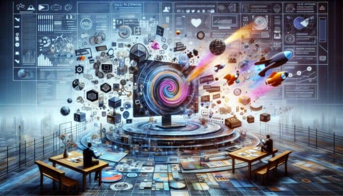 A vibrant digital screen showcasing an SEO-optimised customer story with keywords, headlines, and multimedia.