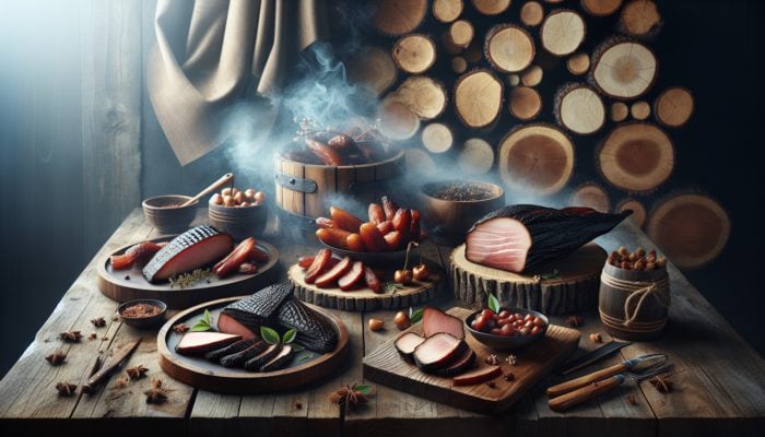 A rustic table with cherry wood-smoked dishes, mild and sweet, surrounded by logs and gentle smoke.