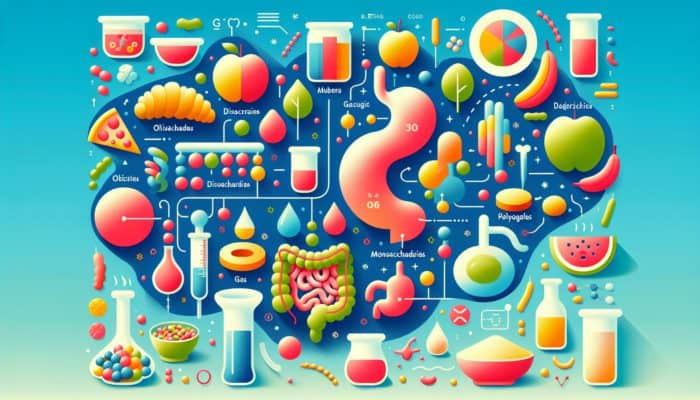 Infographic illustrating FODMAPs: oligosaccharides, disaccharides, monosaccharides, polyols, alongside gut-friendly foods and digestive symptoms on a blue background.