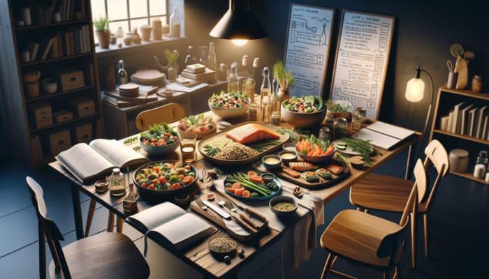A warm kitchen table set with low-FODMAP dishes, including salmon, quinoa salad, and steamed vegetables.