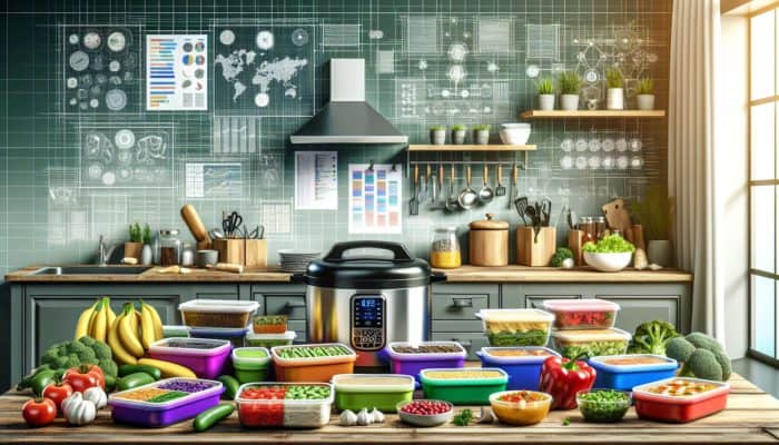 A modern kitchen featuring batch-cooked low-FODMAP meals, pre-chopped vegetables, and a pressure cooker.