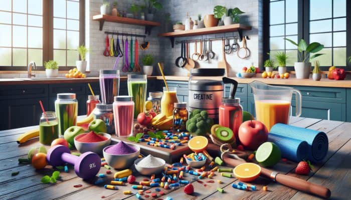 Plant-based creatine supplements in powders and capsules mixed into smoothies and water, with fitness equipment and fresh produce.