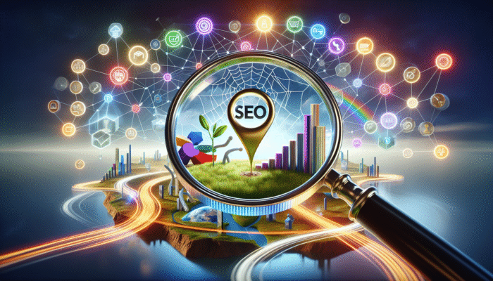 Leading SEO Agency in Yeovil, Somerset: A magnifying glass highlighting "SEO" and "ESSENTIAL" amidst icons of business growth and search rankings.