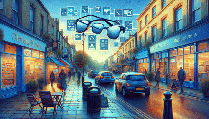 A vibrant Yeovil street bustling with various businesses, showcasing SEO-optimised signs and digital displays for local services.