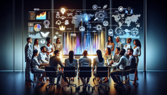 A group of professionals analysing SEO metrics on a computer screen in a modern office environment.