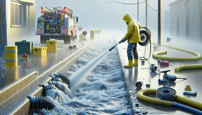 Drain Cleaning Services in Port Moody: A plumber in yellow raincoat using high-pressure water jet to clear clogged drain in heavy rain in Port Moody.