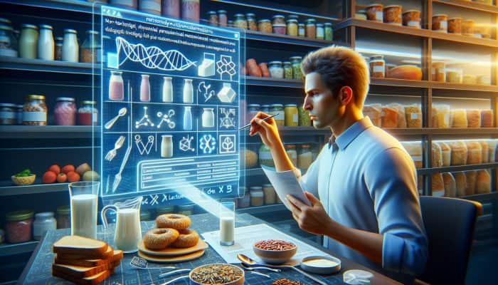A person using a futuristic screen to analyze genetic data for tailored nutritional recommendations, surrounded by food images.
