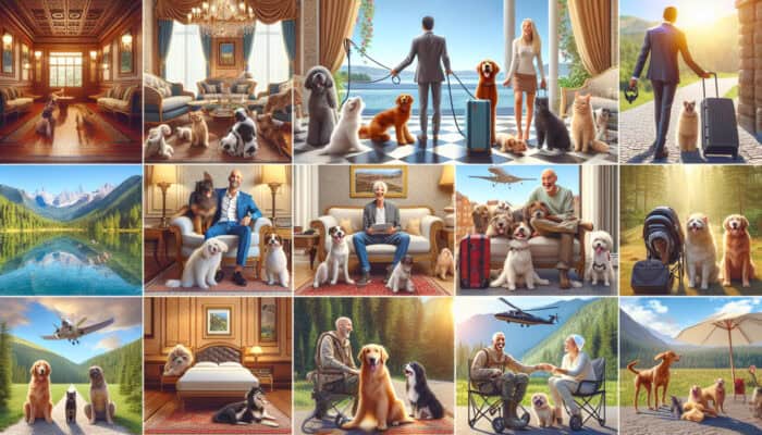 Variety of pet-friendly accommodations showcasing joyful pets and their owners, including luxurious hotels and charming vacation rentals.
