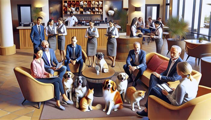 A friendly hotel lobby showcasing pets and staff providing pet-friendly amenities and expert advice.