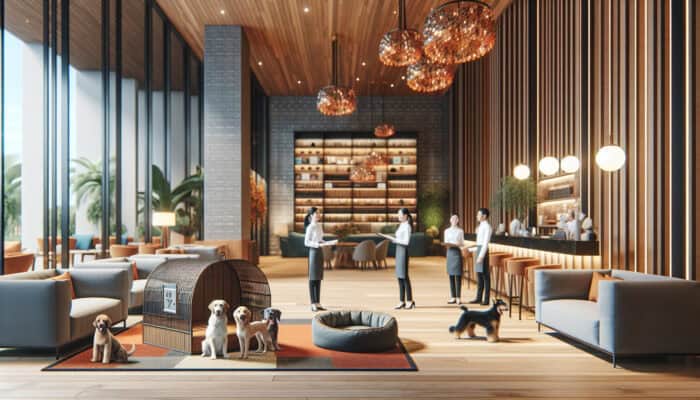 Inviting hotel lobby featuring a pet-friendly area with a pet spa and dog beds, showcasing staff engaging with guests and their pets.