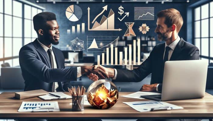 How to Avoid High Debt Consolidation Fees: UK Strategies | DCL Person in suit shaking hands with banker, surrounded by charts and documents, symbolising successful loan negotiation.