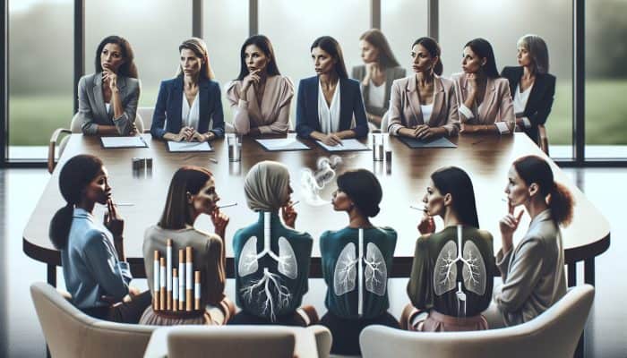 Female experts engaging in discussions about smoking cessation strategies in a modern, well-lit conference room.
