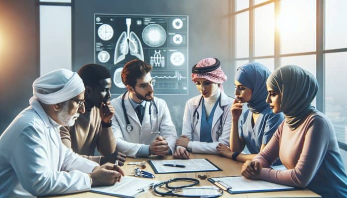 A diverse group of UK healthcare professionals supporting a woman in her smoking cessation journey with personalised strategies.