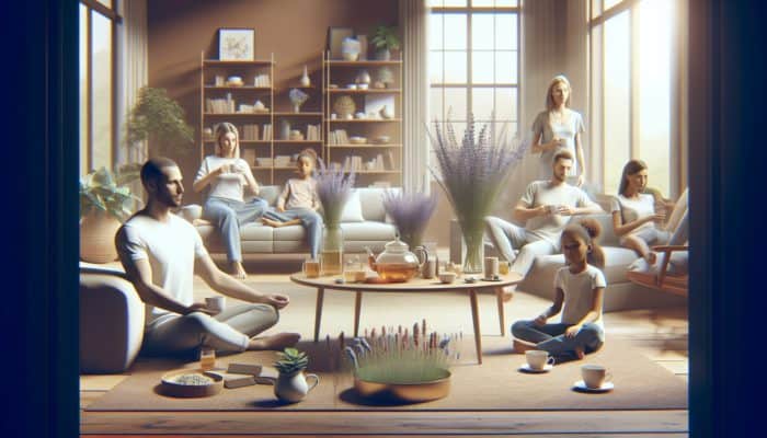 A serene family scene in a cozy living room, enjoying chamomile and lavender tea.