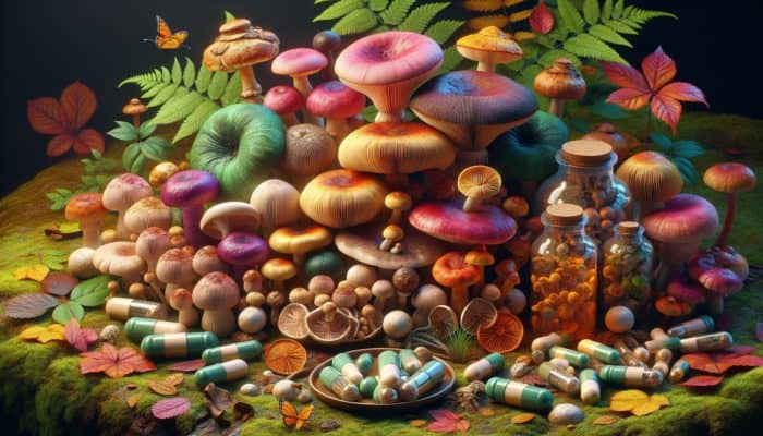 Mushroom Supplements for Endurance: Vibrant mushrooms surrounding capsules, powders, and extracts, highlighting bioactive compounds in a forest environment.