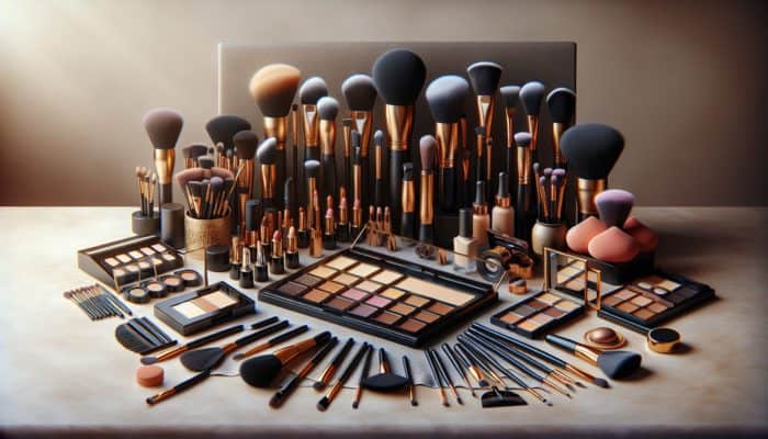 Array of contouring tools on a makeup artist's table against a soft, neutral backdrop.