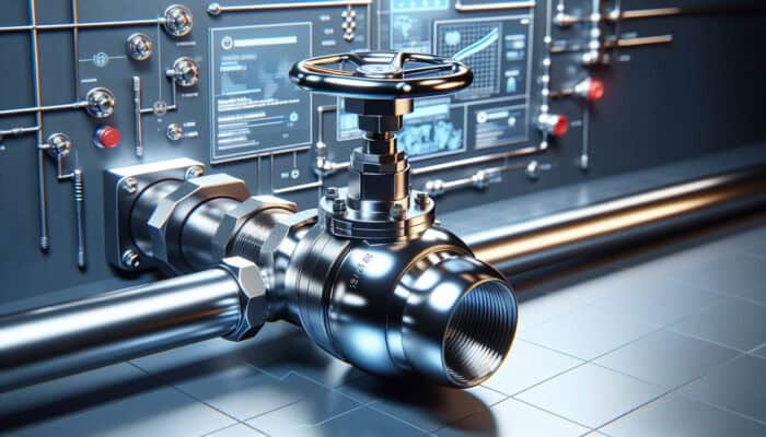 A modern ball valve with a shiny, corrosion-resistant sphere and a quarter-turn handle in a residential plumbing system.