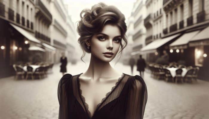 Elegant woman with a classic French twist hairstyle in a chic black dress on a vintage Parisian street.