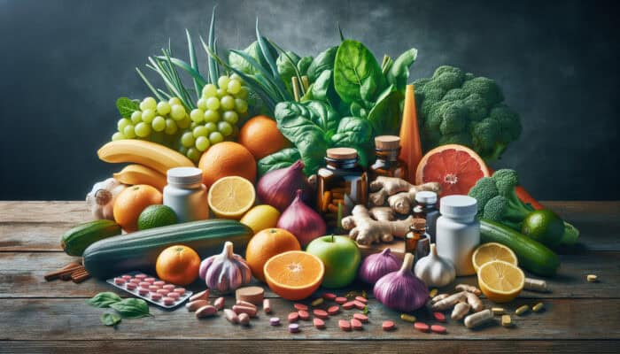 A vibrant still life of immune-boosting foods like citrus, garlic, ginger, and greens on a rustic table with vitamins.