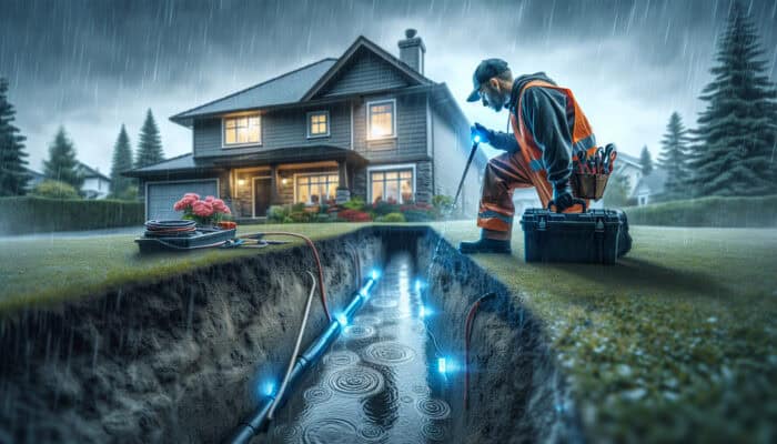 A drainage expert inspecting a home's perimeter in Chilliwack on a rainy day, with specialised solutions installed.