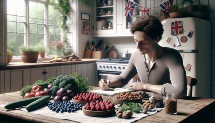 An individual in the UK writing in a food diary at a kitchen table, surrounded by healthy anti-inflammatory foods like berries, nuts, and leafy greens.