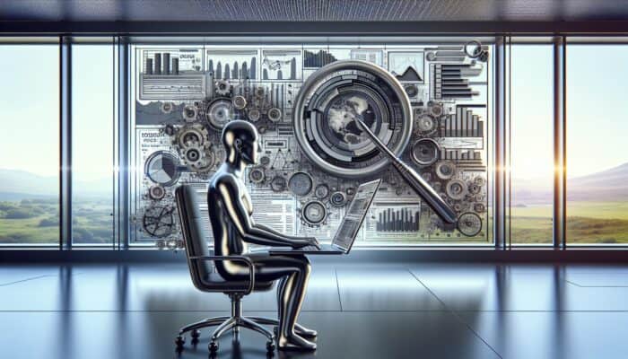 Person optimising video transcript on laptop with SEO keywords and graphs in modern office.