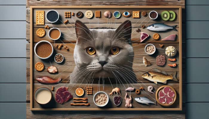 A cat with a discerning look surrounded by savory treats like fish, chicken, and liver on a rustic wooden table.