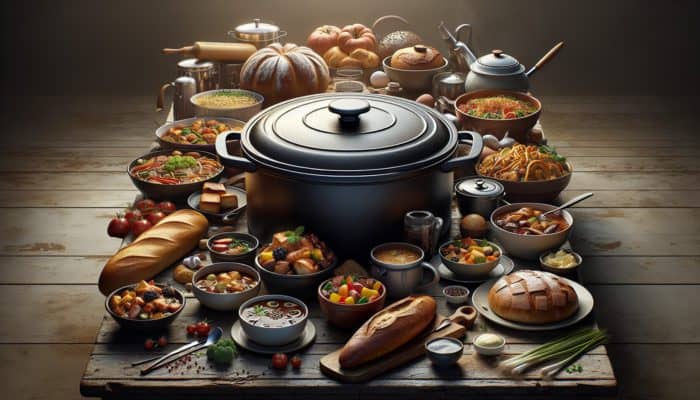 Discover why a Dutch oven is an essential kitchen tool, featuring a variety of dishes such as French stew, Asian stir-fry, artisan bread, and dessert.