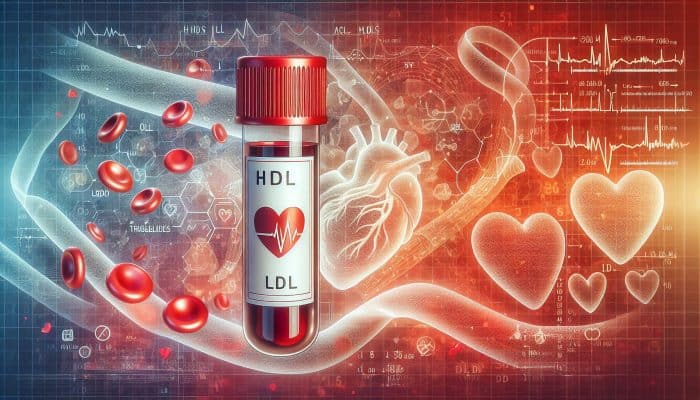 Cholesterol Blood Test in Dorchester: Illustration of a blood test vial labelled HDL, LDL, triglycerides, with artery plaque buildup diagrams, heart health backdrop.