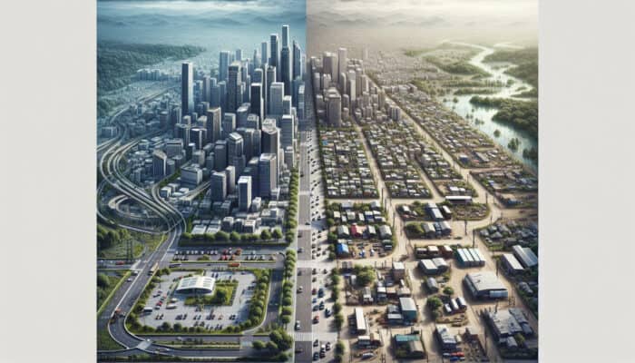 Urban centre with easy access versus remote rural area with narrow streets and limited parking, showcasing logistical challenges.