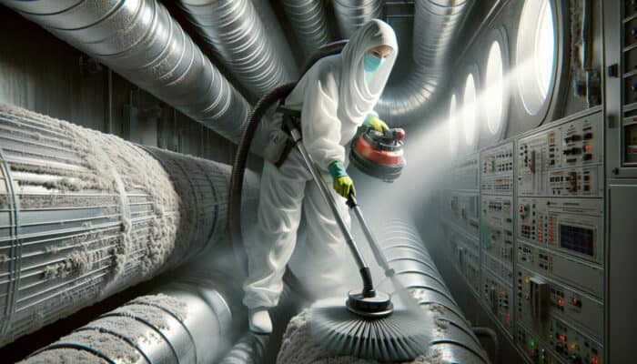 Technician cleaning ductwork with rotary brushes and vacuum, then applying sanitising spray.