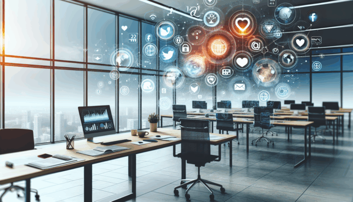 A dynamic digital workspace in Kingswood with social media icons, charts, and graphs, symbolising expert management.